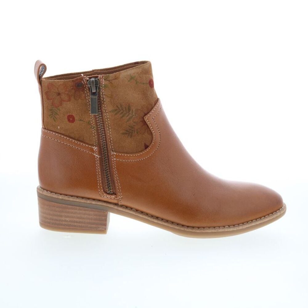 Comfortiva Brown Leather Ankle Boot with Floral Suede Collar